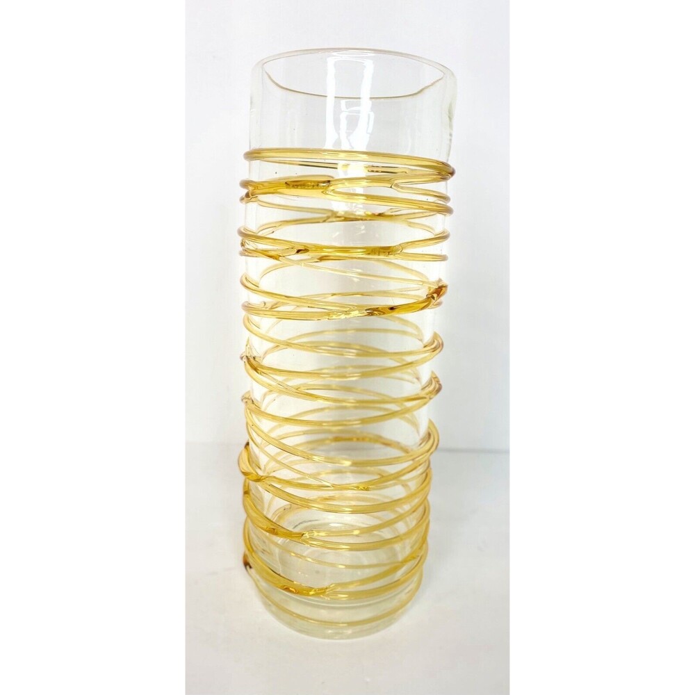 Vintage Clear Blown Art Glass Yellow Amber Threaded  12" Vase